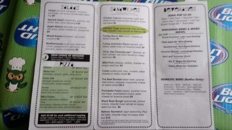 The Green Owl - Lake Delton, WI menu_pic