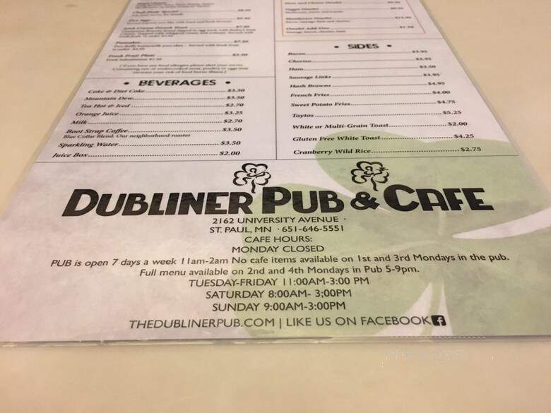 Dubliner Pub - Saint Paul, MN menu_pic
