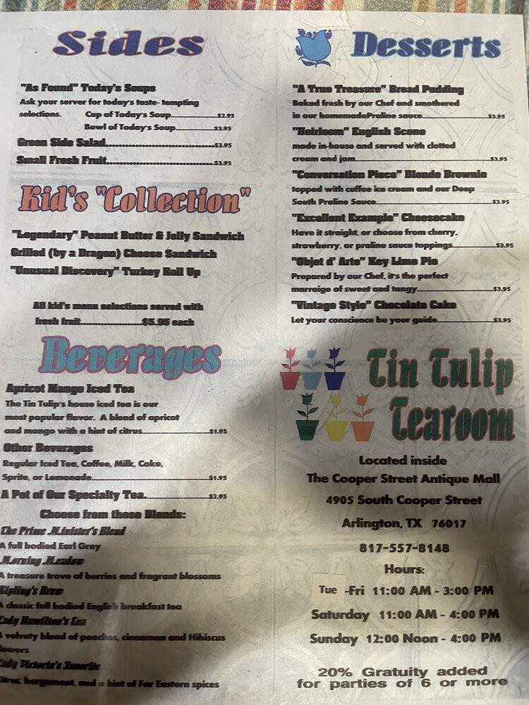 Tin Tulip Tearoom - Arlington, TX menu_pic