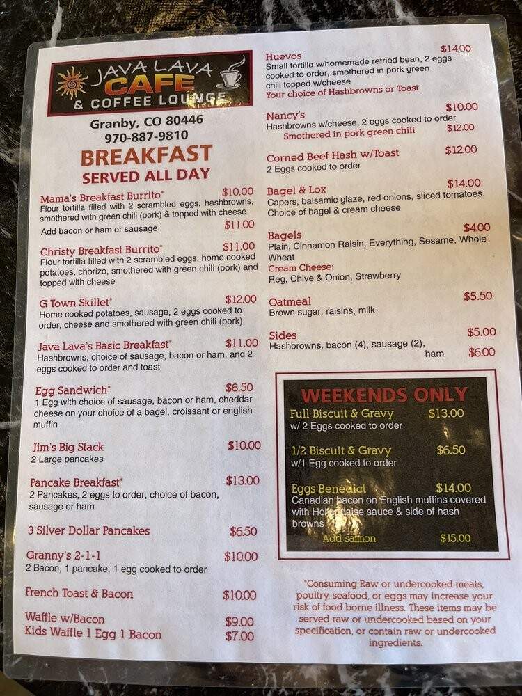Java Lava Cafe - Granby, CO menu_pic