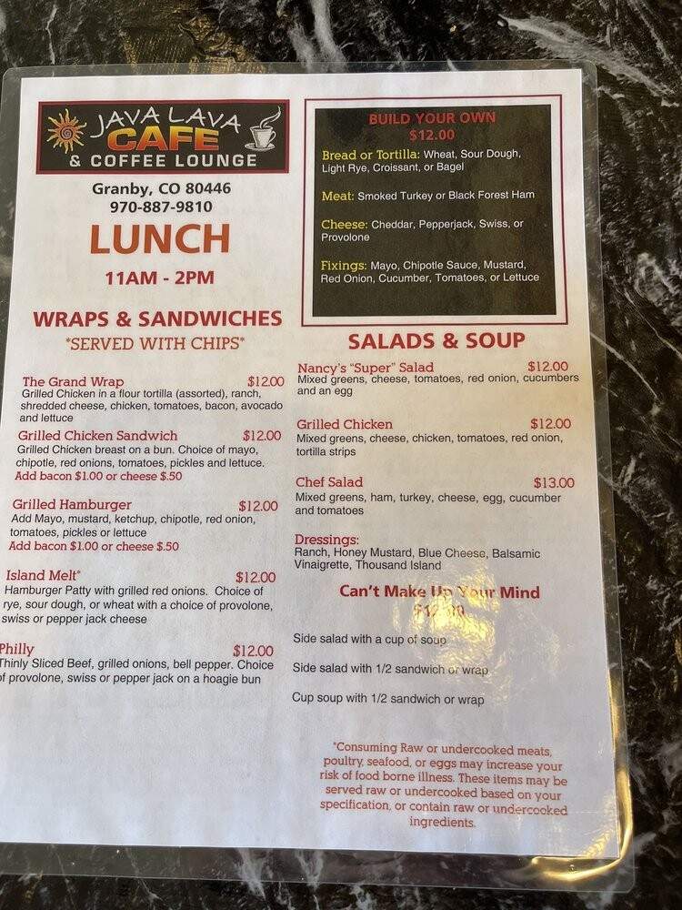 Java Lava Cafe - Granby, CO menu_pic