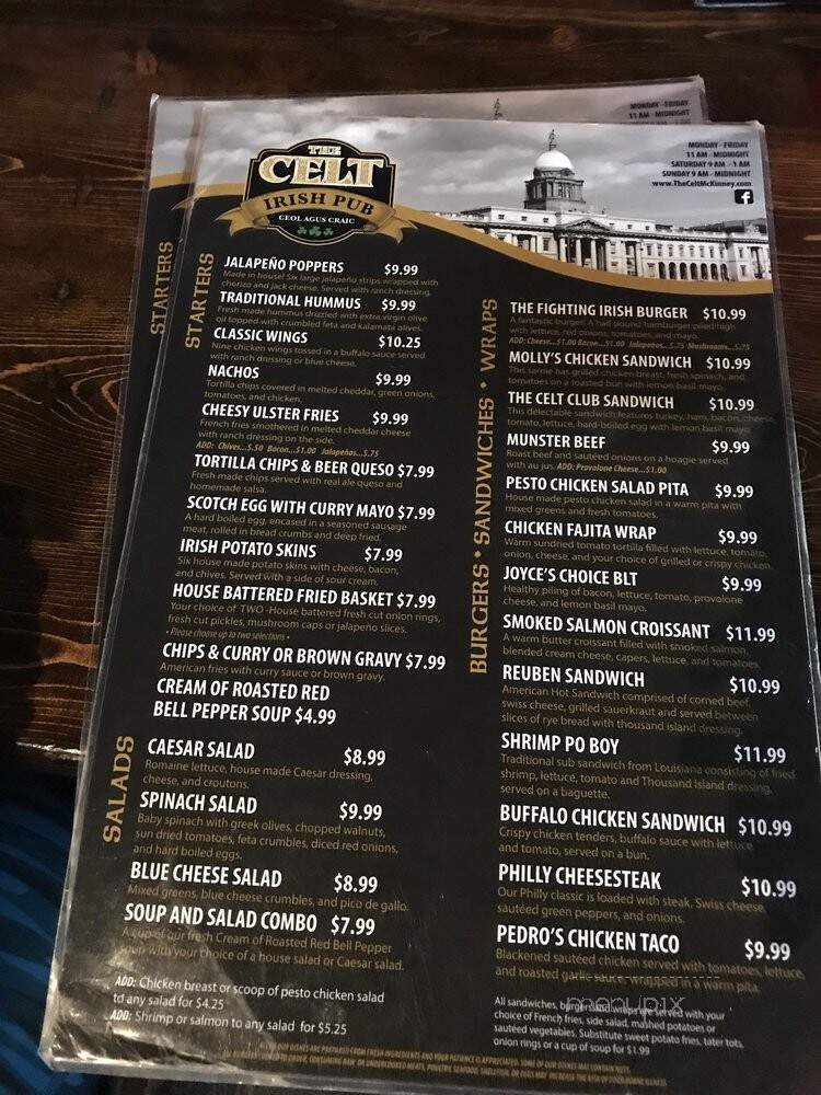 Menu of The Celt Irish Pub in McKinney, TX 75069