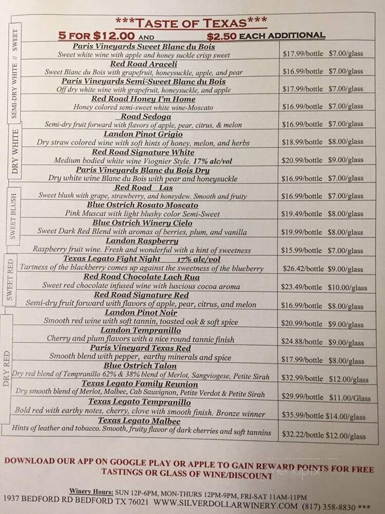 Silver Dollar Winery - Bedford, TX menu_pic