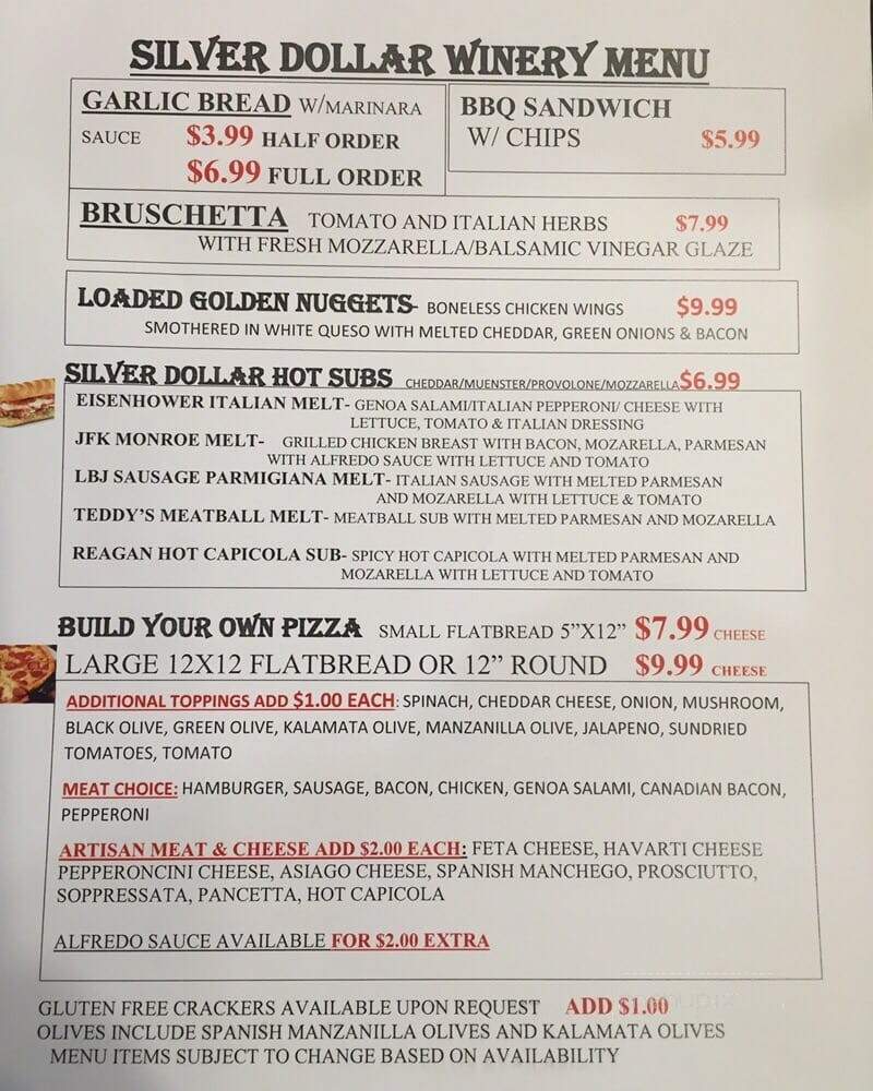 Silver Dollar Winery - Bedford, TX menu_pic