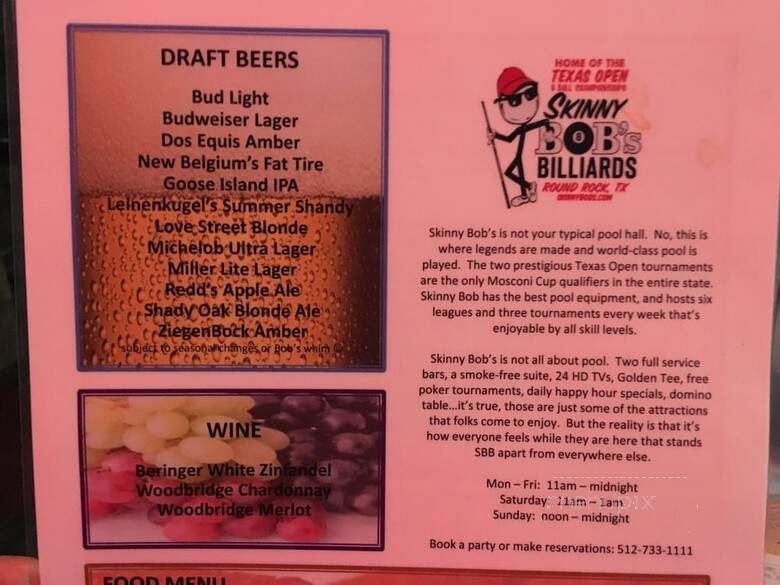 Skinny Bob's Billiards & Sports Bar in Round Rock - Round Rock, TX menu_pic