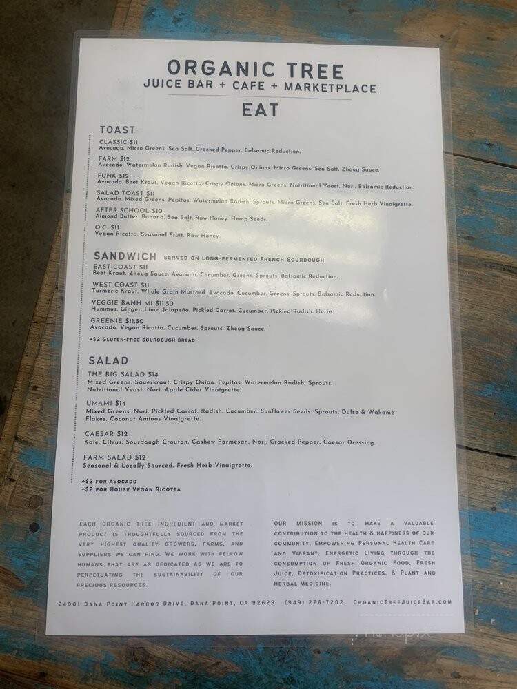 Organic Tree Juice Bar - Dana Point, CA menu_pic