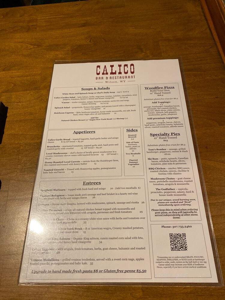 Calico Bar and Restaurant - Wilson, WY menu_pic