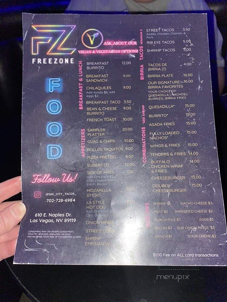 Free Zone - Las Vegas, NV menu_pic
