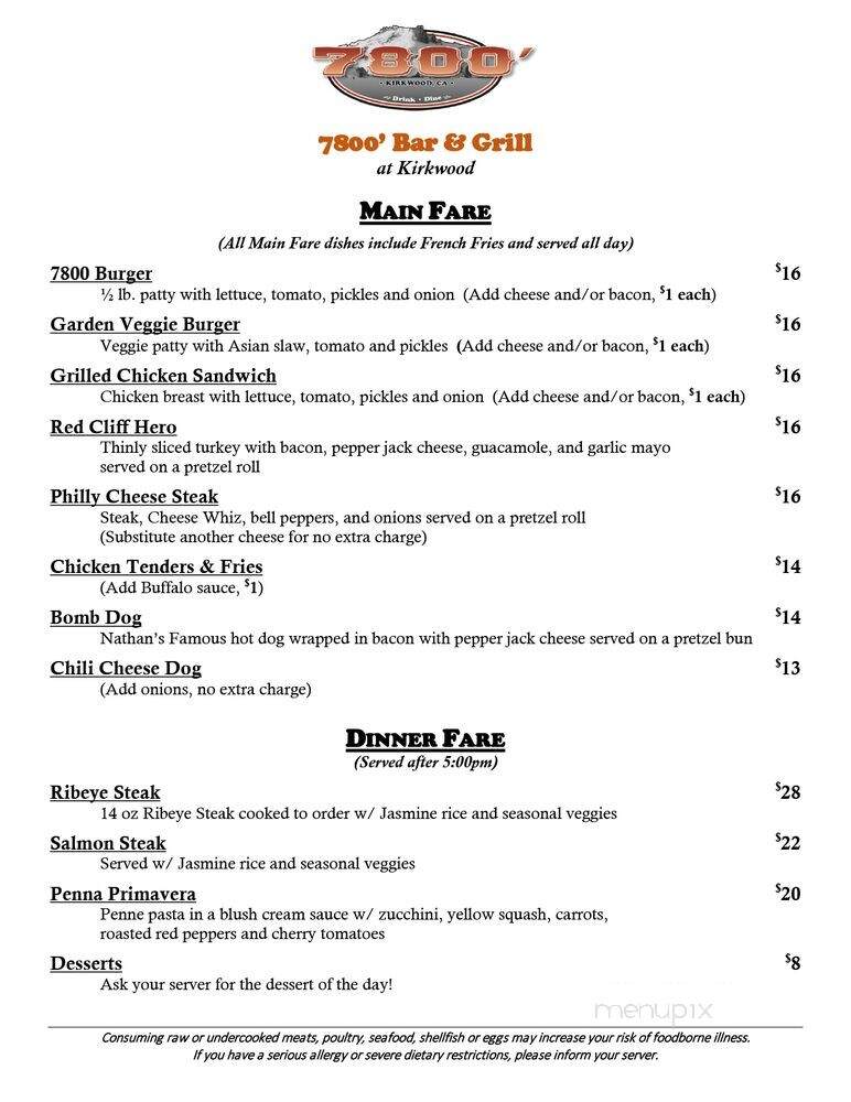 7800 Bar & Grill - Kirkwood, CA menu_pic