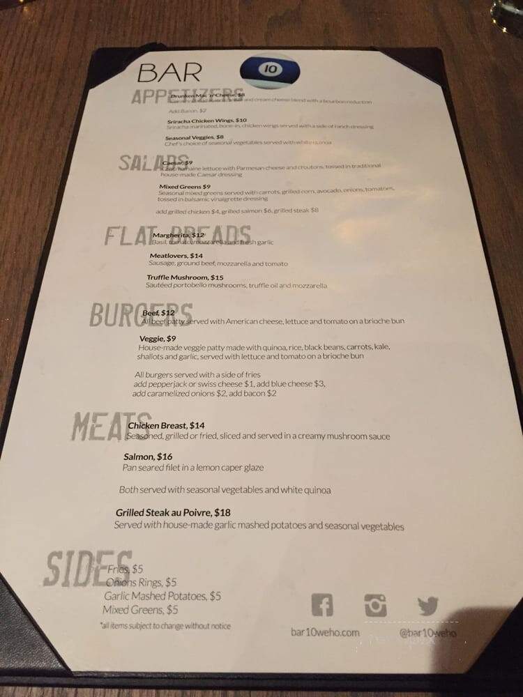 Bar10 - West Hollywood, CA menu_pic