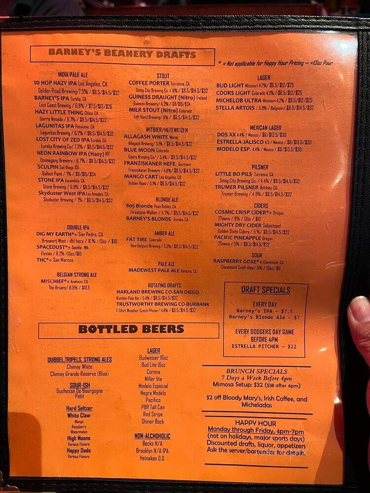 Barney's Beanery - Burbank, CA menu_pic