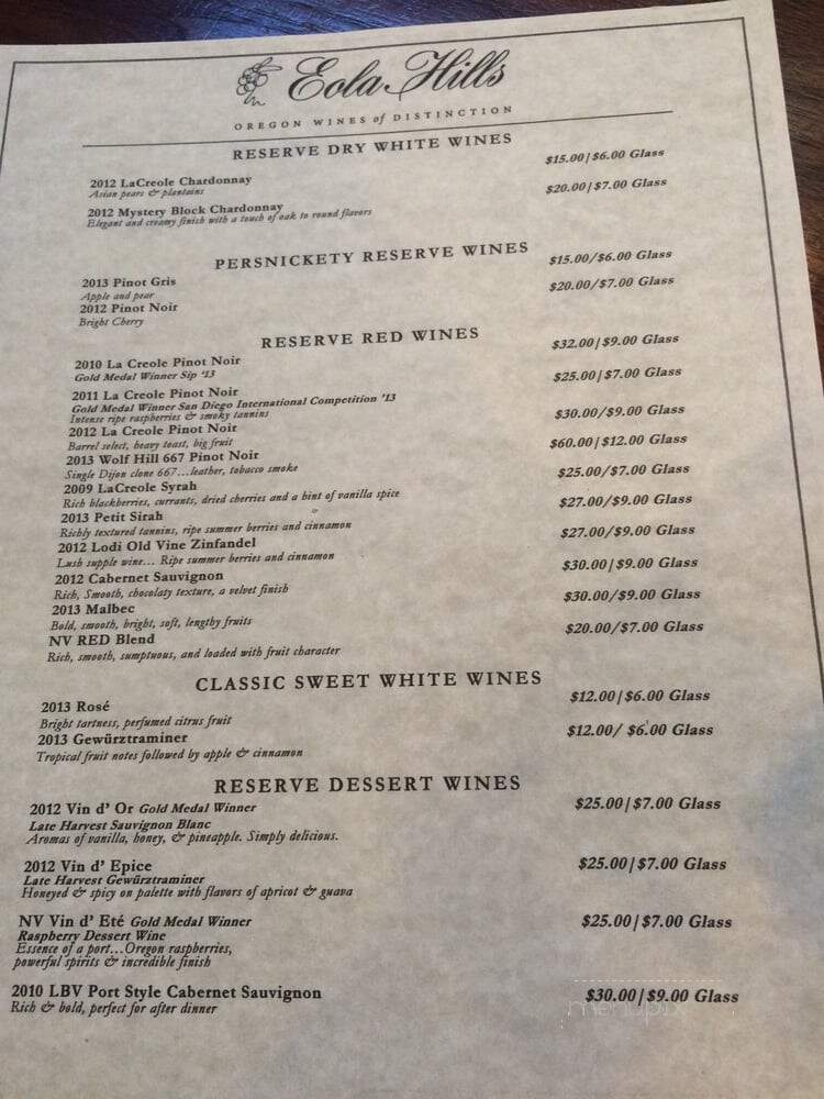 Eola Hills Tasting Room - McMinnville, OR menu_pic
