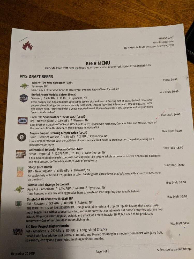 Toss 'n' Fire Wood-Fired Pizza - East Syracuse, NY menu_pic