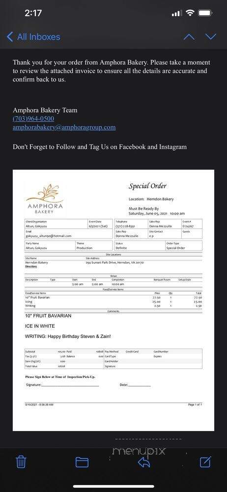 Amphora Bakery - Herndon, VA menu_pic