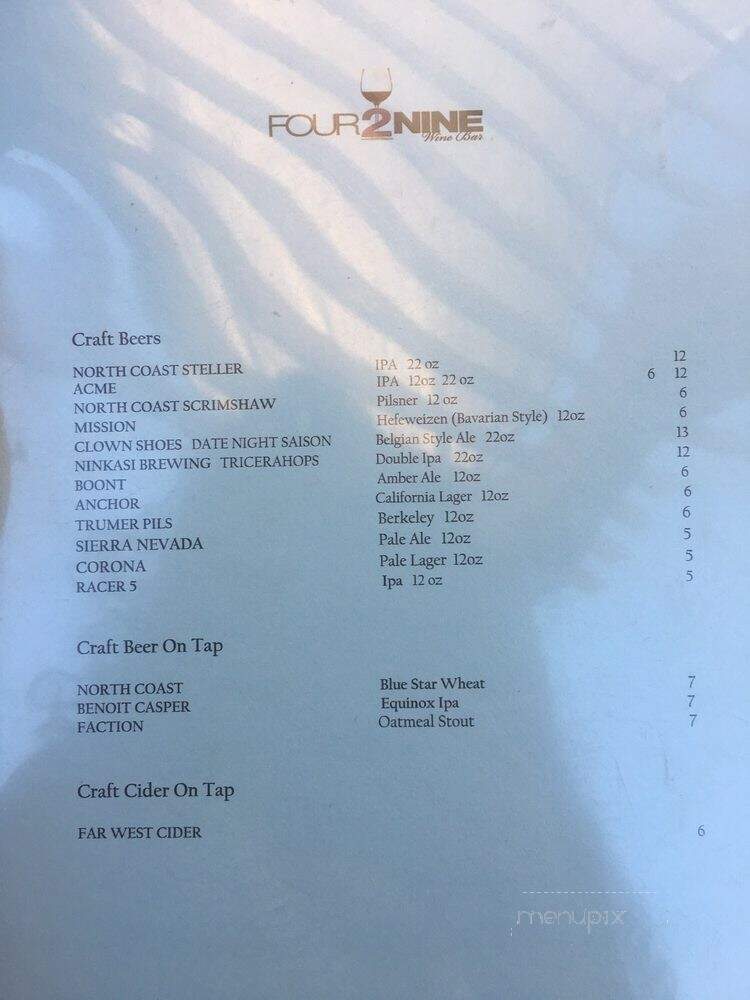 Four2Nine Wine Bar - Point Richmond, CA menu_pic