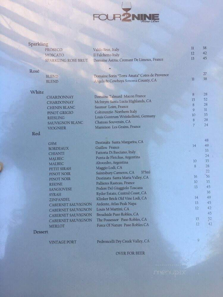 Four2Nine Wine Bar - Point Richmond, CA menu_pic