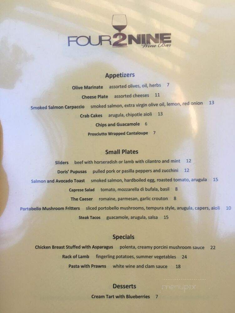 Four2Nine Wine Bar - Point Richmond, CA menu_pic
