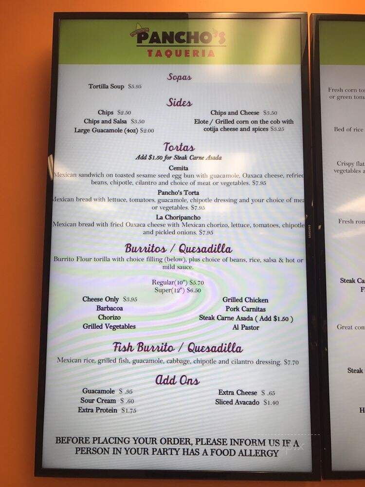 Pancho's Taqueria - Dedham, MA menu_pic