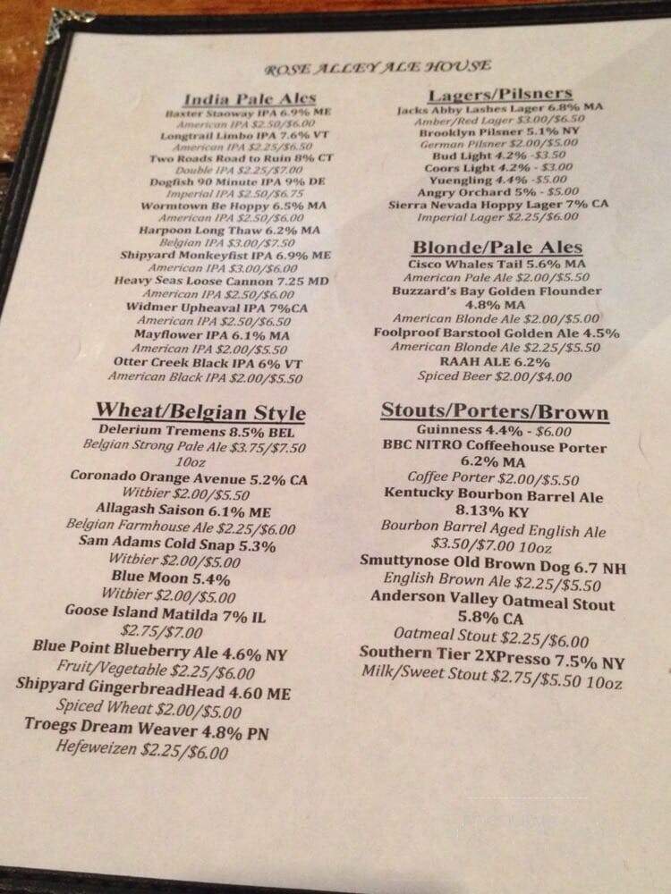 Rose Alley Ale House - New Bedford, MA menu_pic
