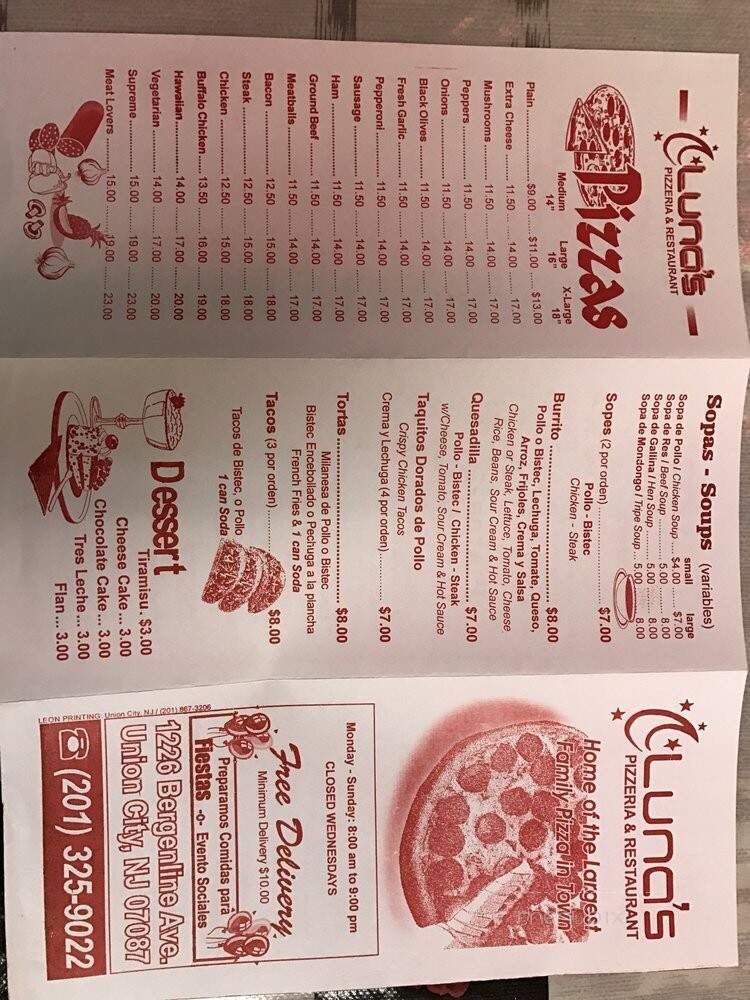 Luna's Pizzeria & Restaurant - Union City, NJ menu_pic