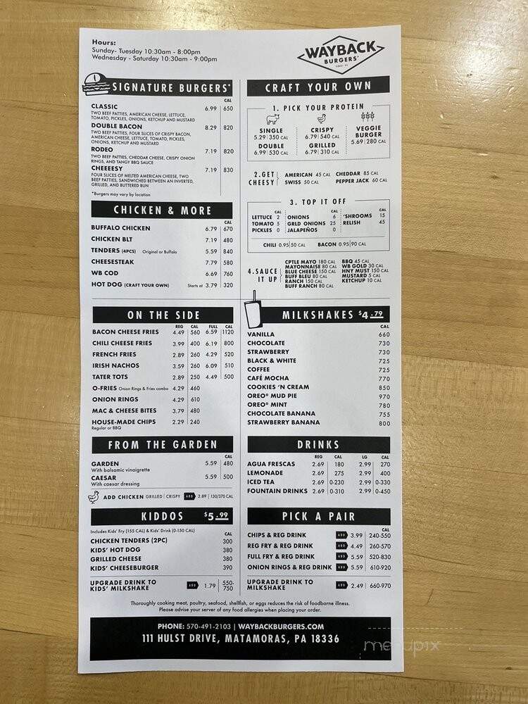 Wayback Burgers - Matamoras, PA menu_pic
