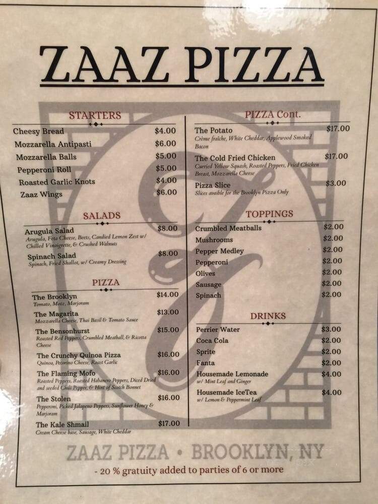 Zaaz Pizza - Brooklyn, NY menu_pic