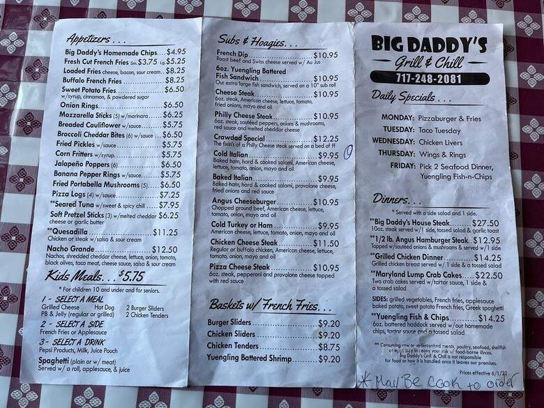 Big Daddy's Grill - Lewistown, PA menu_pic