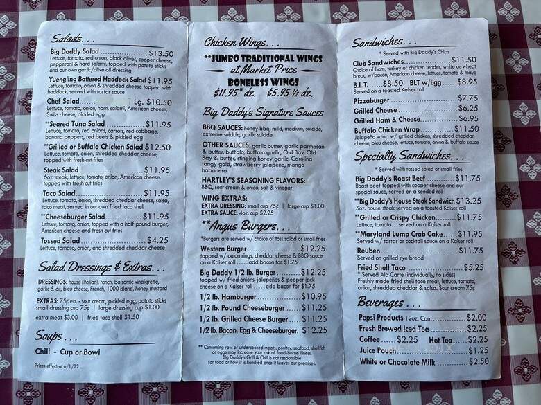Big Daddy's Grill - Lewistown, PA menu_pic