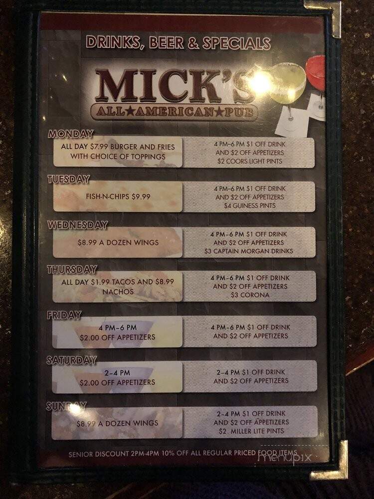 Mick's All American Pub - Lititz, PA menu_pic