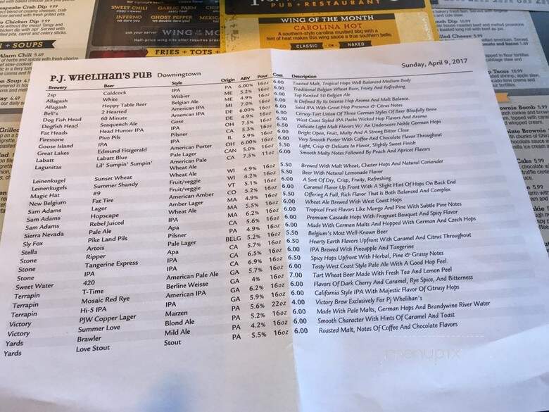 PJ Whelihan's - Downingtown, PA menu_pic