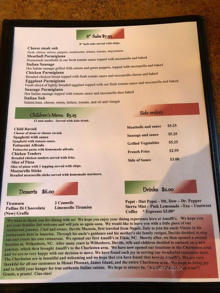 Amalfi's Italian Restaurant & Pizzeria - Mount Pleasant, SC menu_pic
