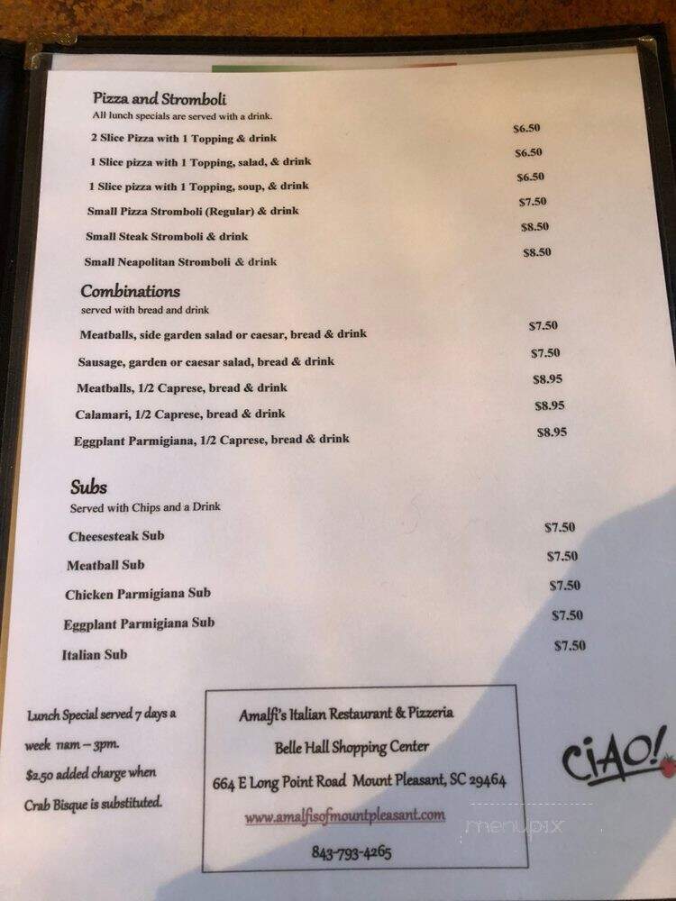Amalfi's Italian Restaurant & Pizzeria - Mount Pleasant, SC menu_pic