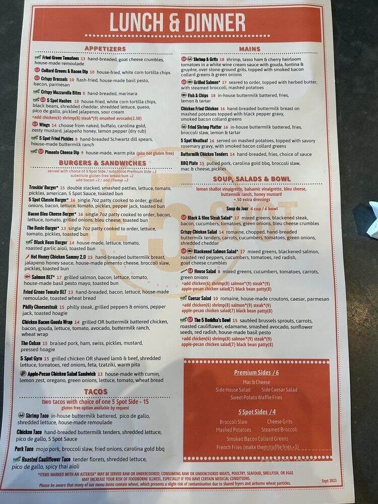 The 5 Spot - Savannah, GA menu_pic