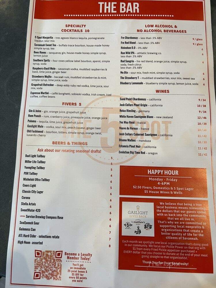 The 5 Spot - Savannah, GA menu_pic