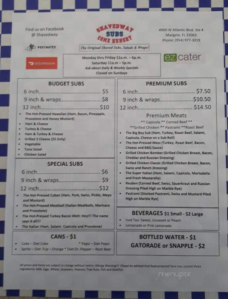 Shavedway Subs - Margate, FL menu_pic