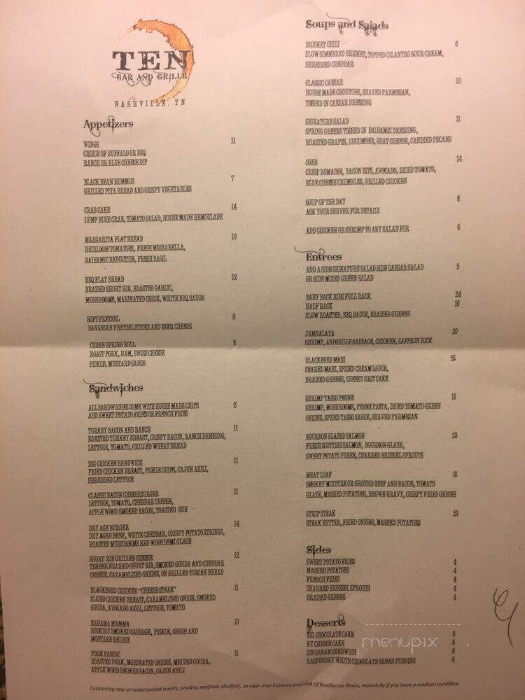 Ten Bar and Grille - Nashville, TN menu_pic
