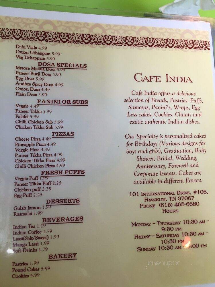 Cafe India - Franklin, TN menu_pic
