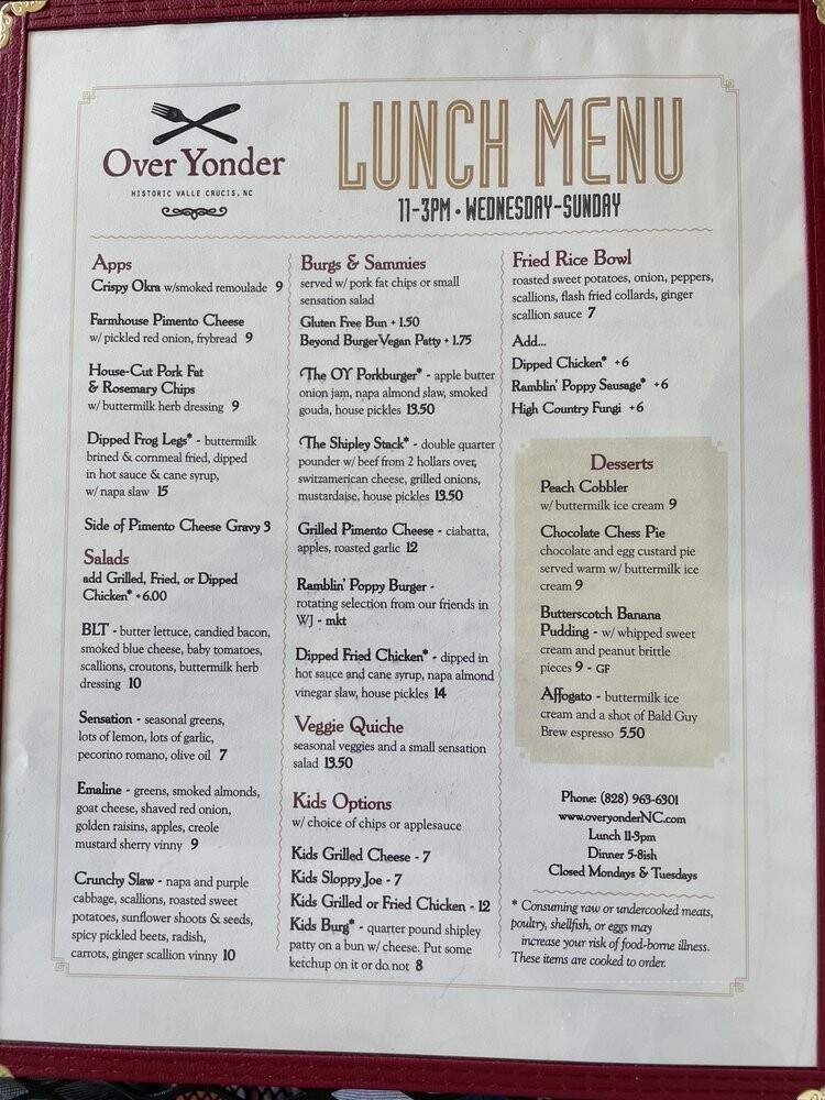 Over Yonder - Sugar Grove, NC menu_pic