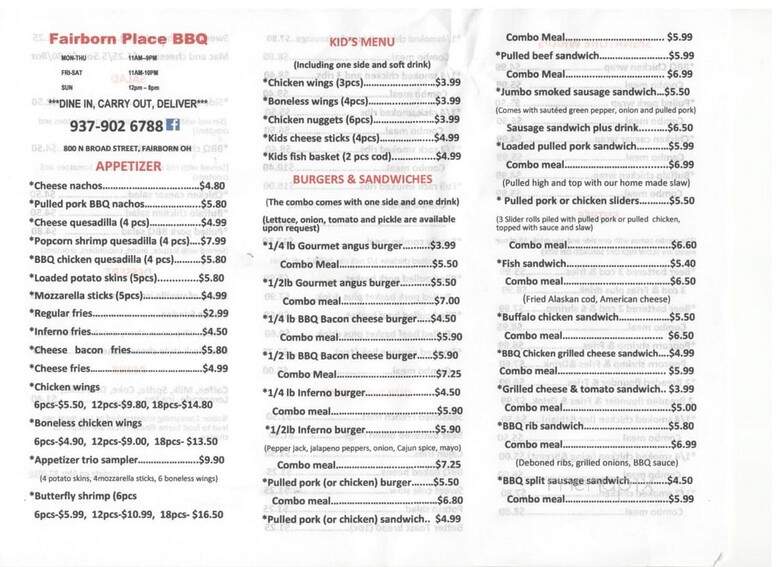 Fairborn Place BBQ - Fairborn, OH menu_pic