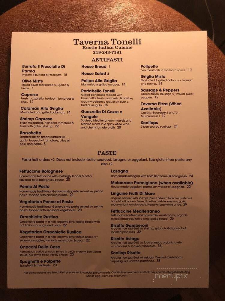 Trattoria Tonelli - Michigan City, IN menu_pic