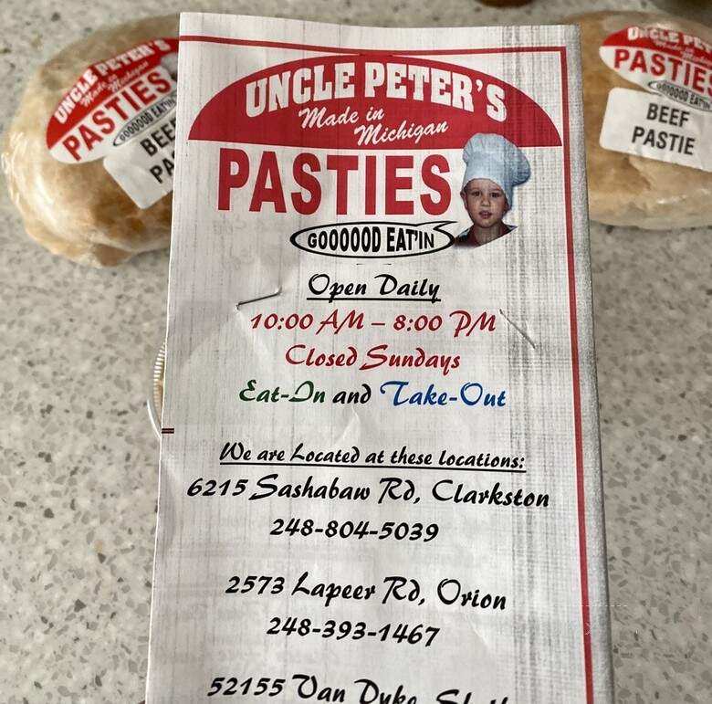 Uncle Peters Pasties - Clarkston, MI menu_pic