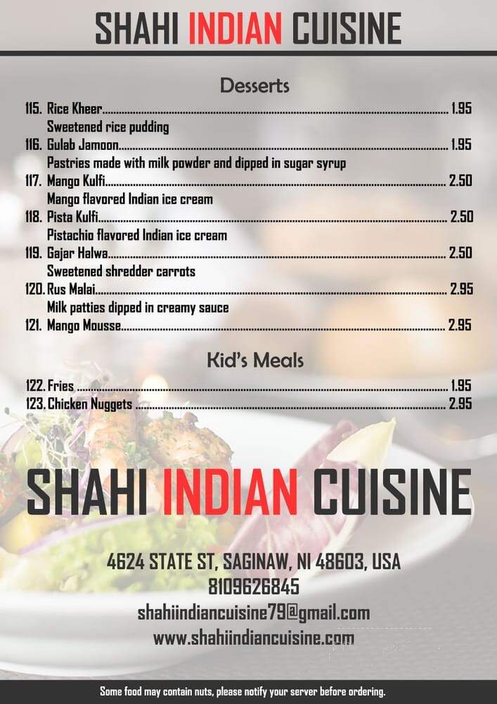 Shahi Indian Cuisine - Saginaw, MI menu_pic