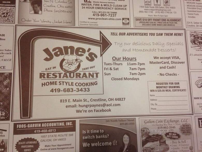 Jane's Hunger Paynes - Crestline, OH menu_pic