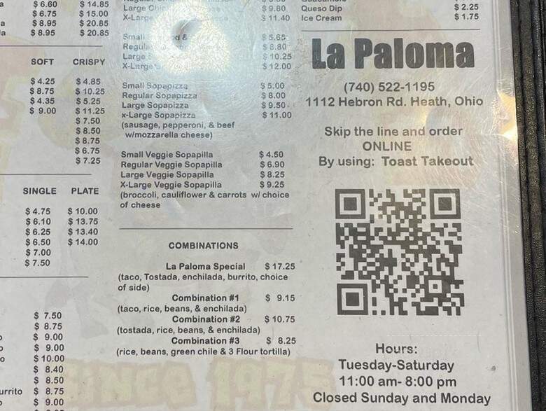 La Paloma Restaurant - Heath, OH menu_pic