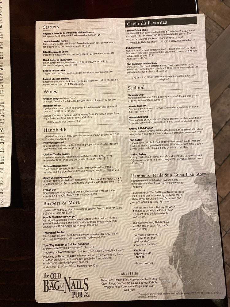 Old Bag Of Nails Pub - Columbus, OH menu_pic