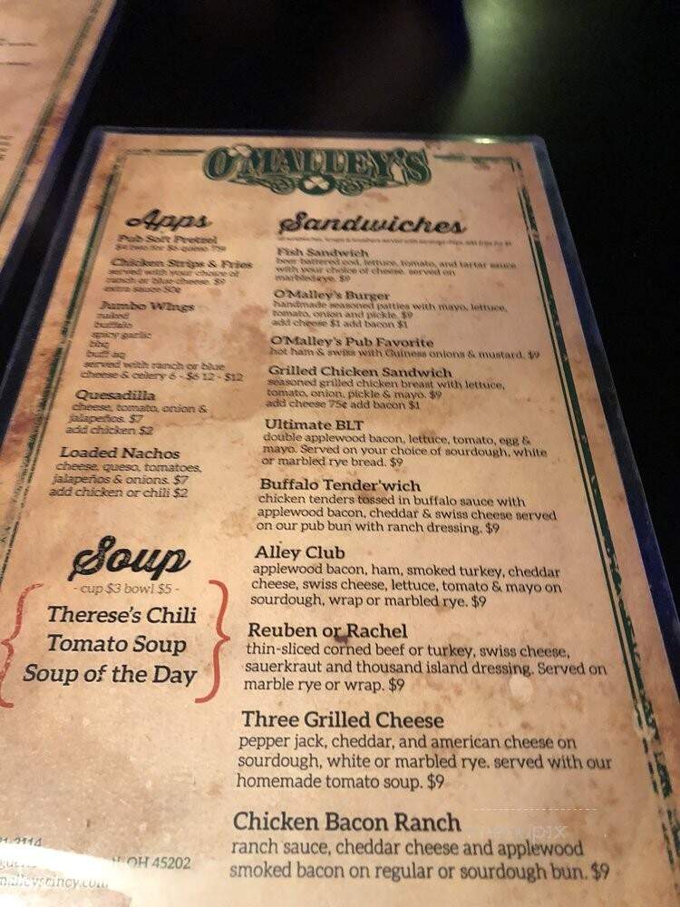 O'Malleys In The Alley - Cincinnati, OH menu_pic