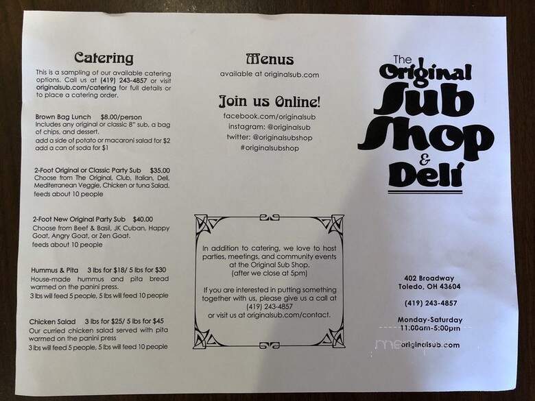 Original Sub Shop & Deli - Toledo, OH menu_pic