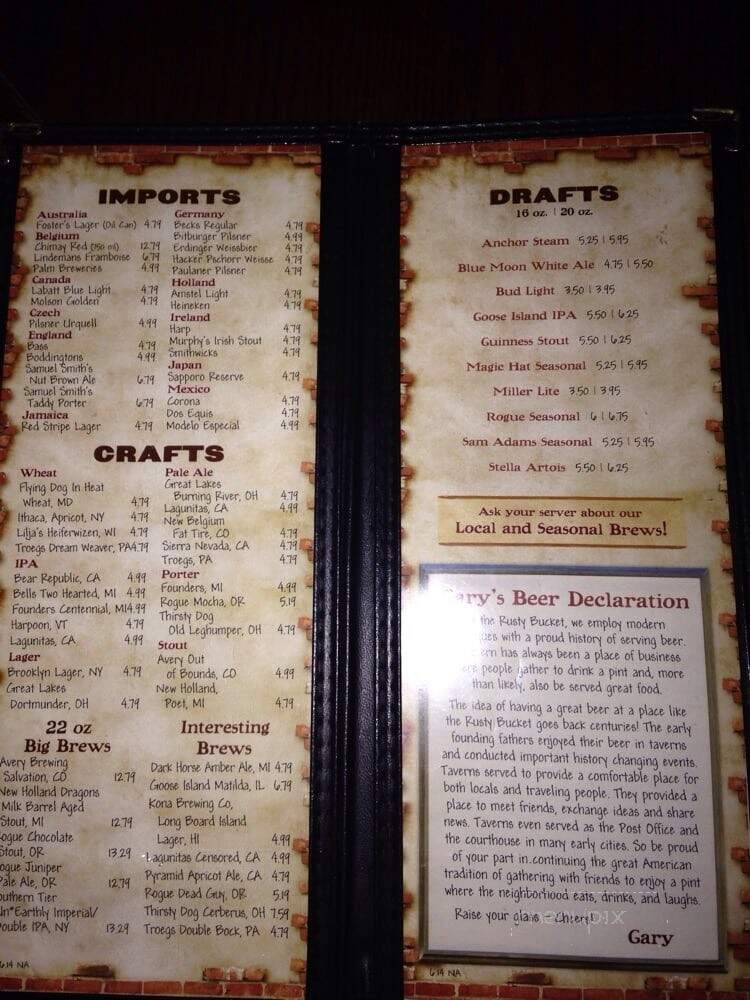 Rusty Bucket Corner Tavern - New Albany, OH menu_pic