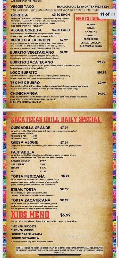 Zacatecas Mexican Grill - Columbus, OH menu_pic