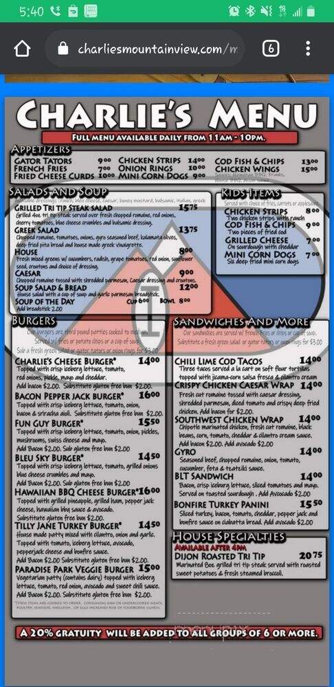 Charlie's Mountain View - Government Camp, OR menu_pic